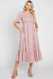 Mauve Textured Dot Smocked Short Sleeve Midi Dress