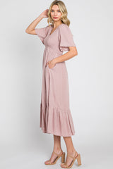 Mauve Textured Dot Smocked Short Sleeve Midi Dress