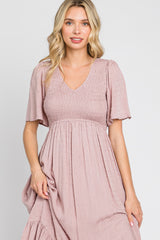 Mauve Textured Dot Smocked Short Sleeve Midi Dress