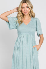 Light Blue Textured Dot Smocked Short Sleeve Midi Dress