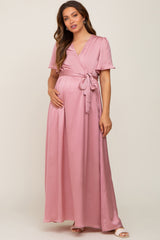 Pink Satin Wrap Front V-Neck Short Sleeve Side Slit Maternity Maxi Dress