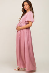 Pink Satin Wrap Front V-Neck Short Sleeve Side Slit Maternity Maxi Dress