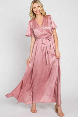 Pink Satin Wrap Front V-Neck Short Sleeve Side Slit Maternity Maxi Dress