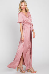 Pink Satin Wrap Front V-Neck Short Sleeve Side Slit Maxi Dress