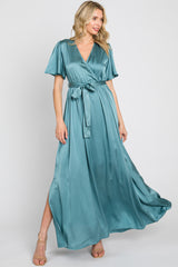 Teal Satin Wrap Front V-Neck Short Sleeve Side Slit Maternity Maxi Dress