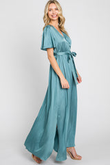 Teal Satin Wrap Front V-Neck Short Sleeve Side Slit Maxi Dress