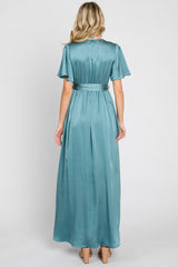 Teal Satin Wrap Front V-Neck Short Sleeve Side Slit Maxi Dress