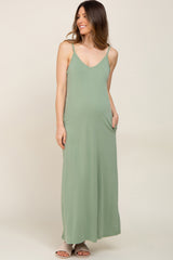 Light Olive Sleeveless V-Neck Maternity Maxi Dress