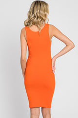 Orange Sleeveless Ribbed Knit Fitted Dress