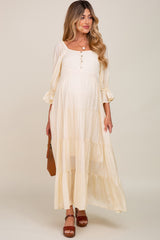 Cream Square Neck Button Front 3/4 Bell Sleeve Maternity Maxi Dress