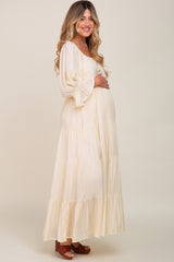 Cream Square Neck Button Front 3/4 Bell Sleeve Maternity Maxi Dress