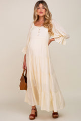 Cream Square Neck Button Front 3/4 Bell Sleeve Maternity Maxi Dress