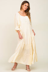 Cream Square Neck Button Front 3/4 Bell Sleeve Maternity Maxi Dress