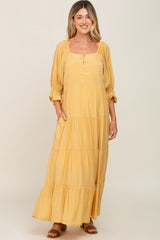 Yellow Square Neck Button Front 3/4 Bell Sleeve Maternity Maxi Dress