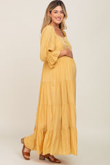 Yellow Square Neck Button Front 3/4 Bell Sleeve Maternity Maxi Dress