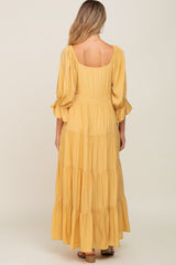 Yellow Square Neck Button Front 3/4 Bell Sleeve Maternity Maxi Dress