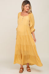 Yellow Square Neck Button Front 3/4 Bell Sleeve Maternity Maxi Dress