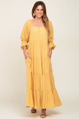 Yellow Square Neck Button Front 3/4 Bell Sleeve Maternity Maxi Dress