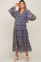 Navy Blue Floral Chiffon Ruffle Long Sleeve Maternity Maxi Dress