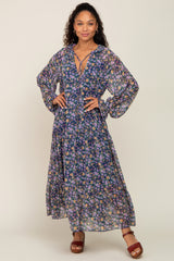 Navy Blue Floral Chiffon Ruffle Long Sleeve Maternity Maxi Dress