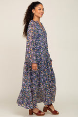 Navy Blue Floral Chiffon Ruffle Long Sleeve Maxi Dress