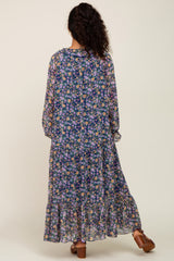 Navy Blue Floral Chiffon Ruffle Long Sleeve Maxi Dress