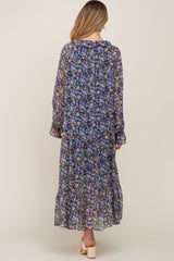 Navy Blue Floral Chiffon Ruffle Long Sleeve Maternity Maxi Dress