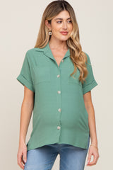 Green Collared Button-Down Short Sleeve Maternity Blouse