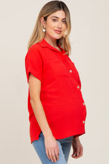 Red Collared Button-Down Short Sleeve Maternity Blouse