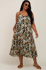 Black Leaf Print Tiered Plus Midi Dress