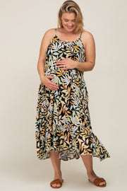 Black Leaf Print Tiered Maternity Plus Midi Dress