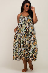 Black Leaf Print Tiered Plus Midi Dress