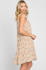 Peach Floral Button Front Sleeveless Babydoll Dress