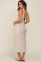 Beige Ribbed Back Tie Maternity Midi Dress