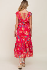 Coral Floral Chiffon Ruffle V-Neck Maternity Maxi Dress