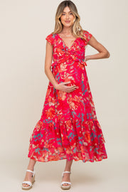 Coral Floral Chiffon Ruffle V-Neck Maternity Maxi Dress