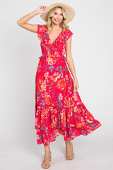 Coral Floral Chiffon Ruffle V-Neck Maternity Maxi Dress