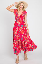 Coral Floral Chiffon Ruffle V-Neck Maxi Dress