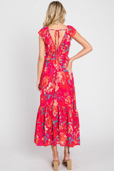 Coral Floral Chiffon Ruffle V-Neck Maxi Dress