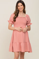 Coral Smocked Ruffle Trim Maternity Dress