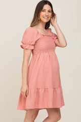 Coral Smocked Ruffle Trim Maternity Dress