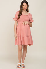 Coral Smocked Ruffle Trim Maternity Dress