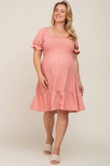 Coral Smocked Ruffle Trim Plus Maternity Dress