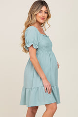 Mint Smocked Ruffle Trim Maternity Dress