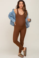 Brown Ribbed Bodycon Maternity Jumpsuit