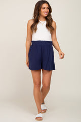 Navy Linen Ruffled Maternity Shorts