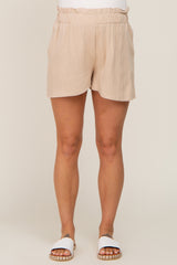 Beige Linen Ruffled Maternity Shorts