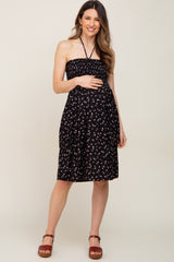 Black Floral Ribbed Smocked Halter Maternity Dress