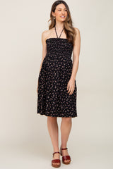 Black Floral Ribbed Smocked Halter Maternity Dress