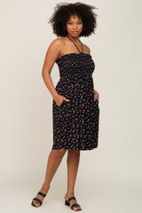 Black Floral Ribbed Smocked Halter Maternity Dress